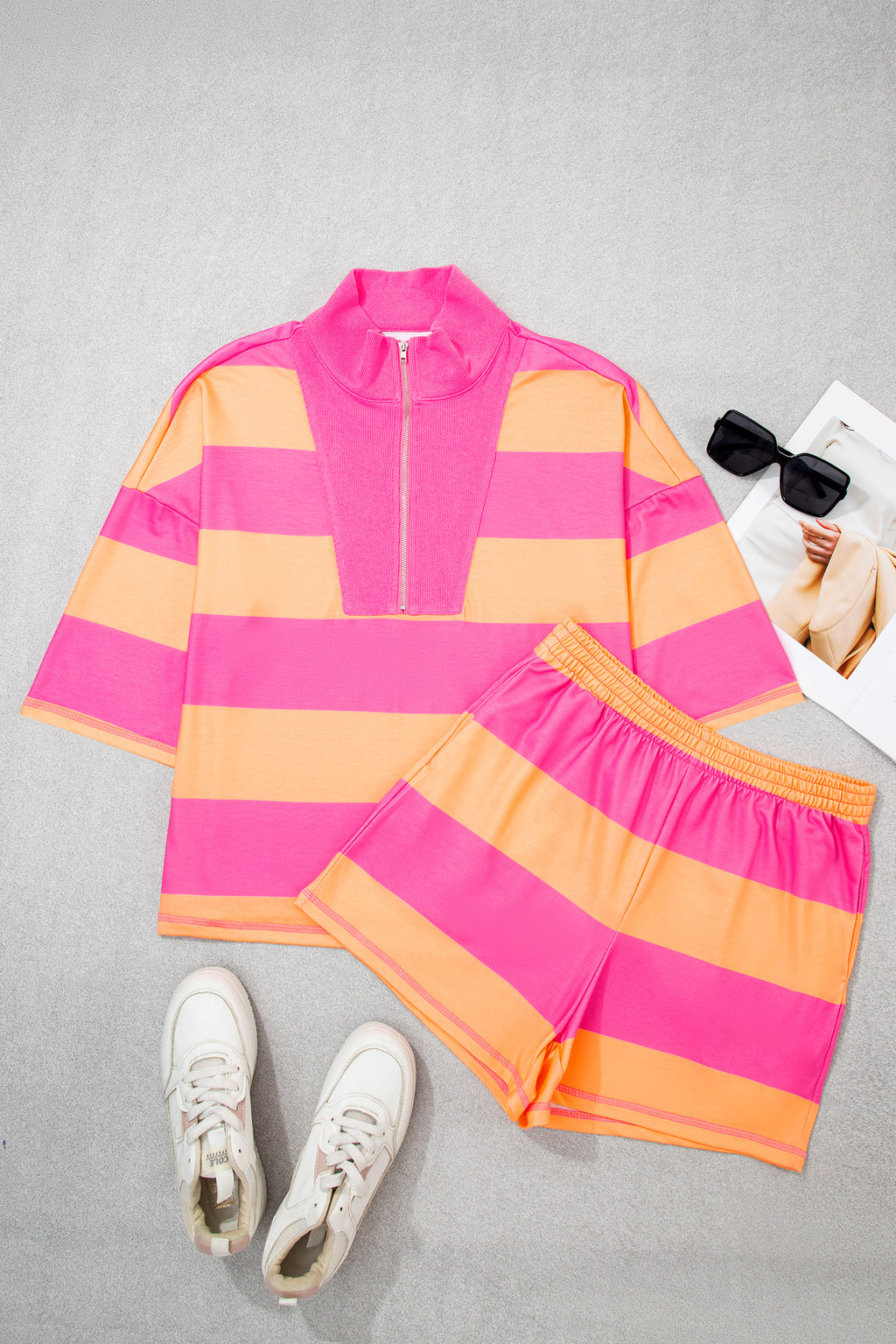 Seam Detail Half Zip Tee Casual Shorts 2pcs Set