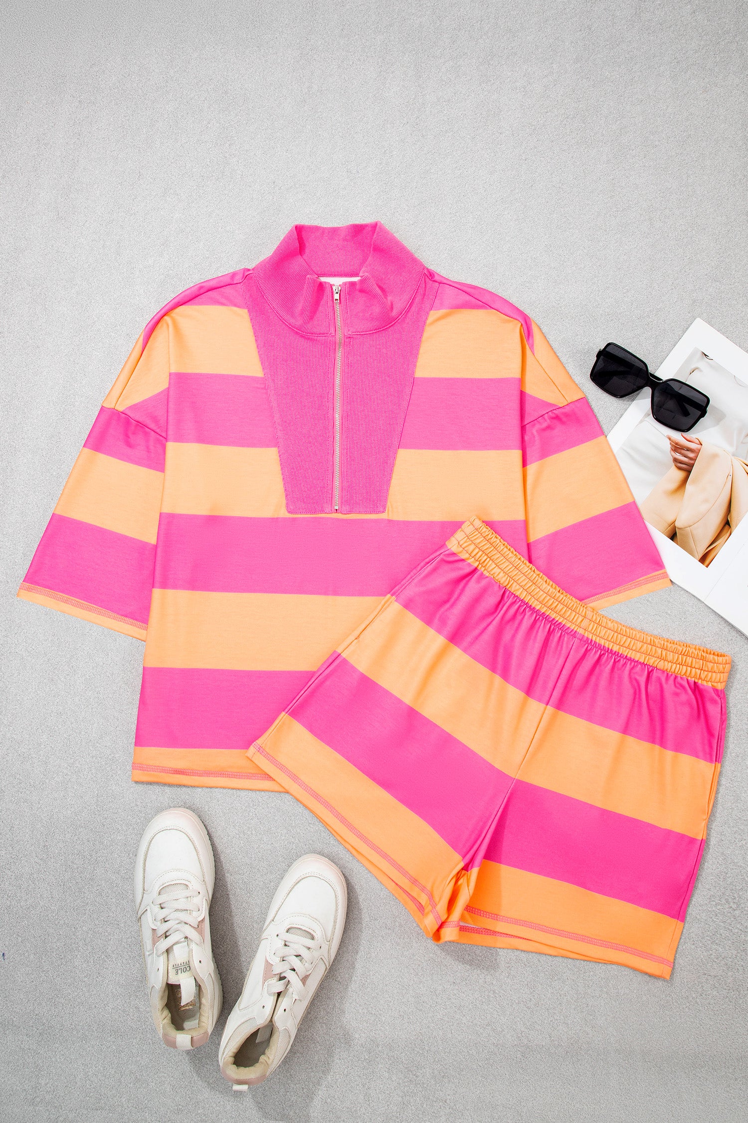Seam Detail Half Zip Tee Casual Shorts 2pcs Set