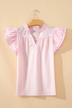 Pink Stripe Contrast Trim V Neck Flutter Sleeve Blouse