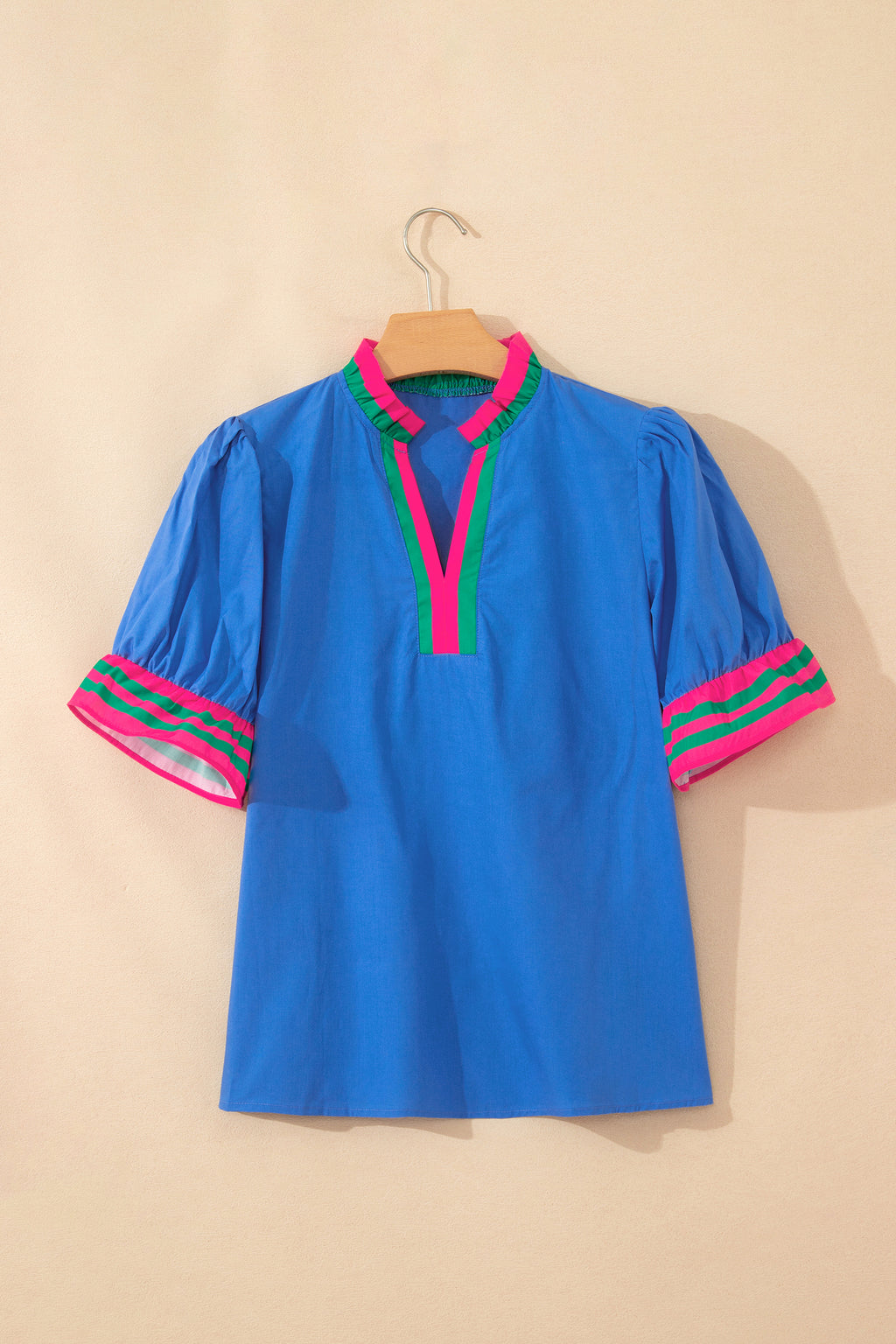 Striped Frilled Collar Ruffled Short Sleeve Blouse