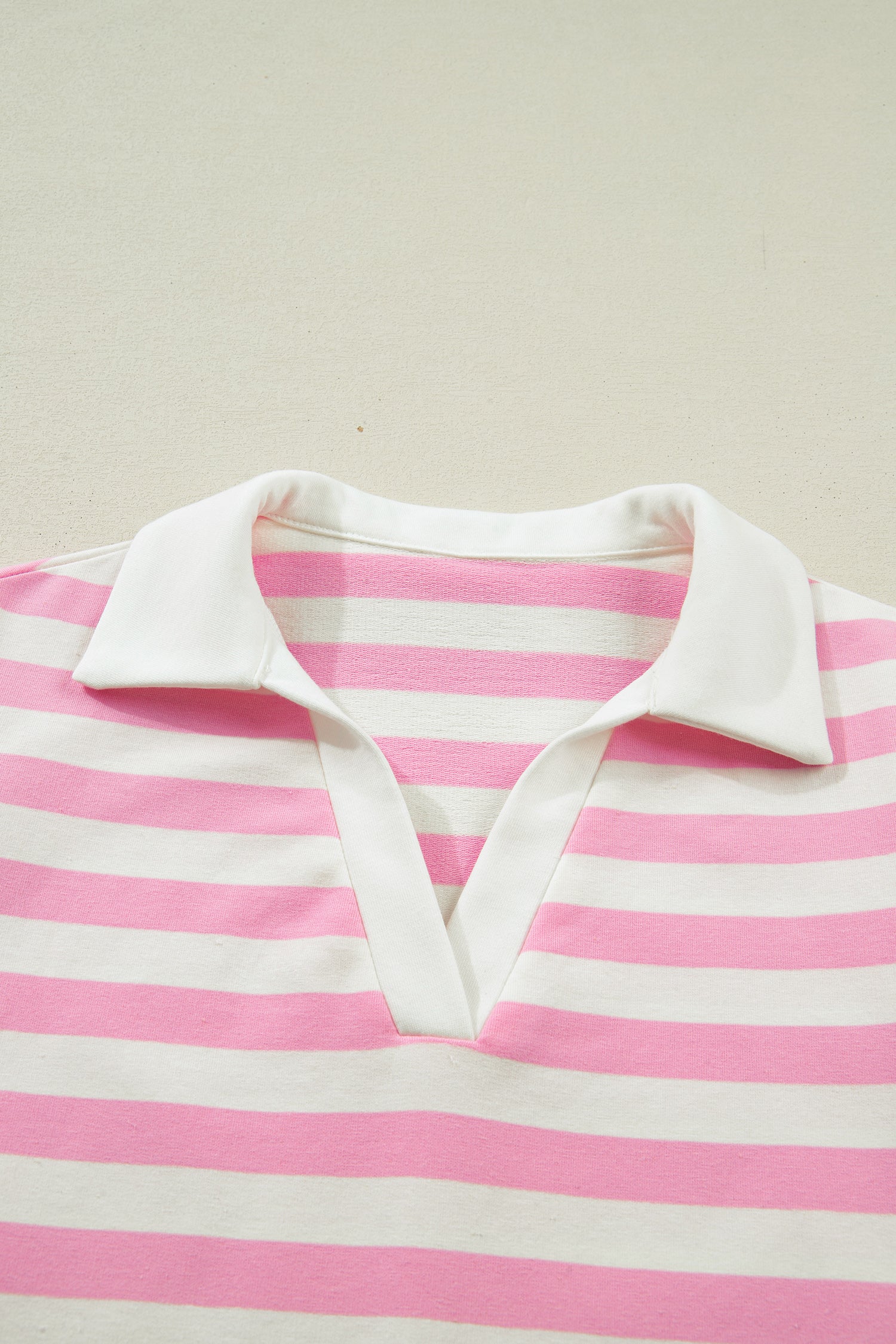 Pink Stripe Collar V Neck Ruffled Short Sleeve Blouse