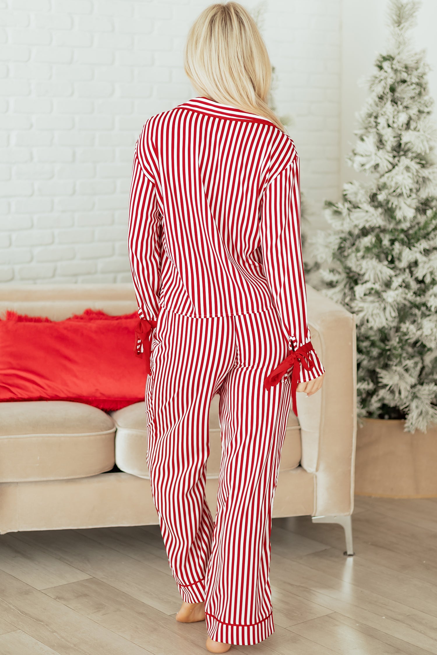 Striped Contrast Velvet Trim Bow Knot Waist 2pcs Pyjama Set