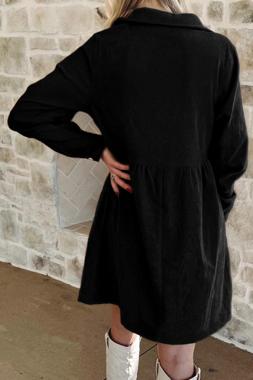 Corduroy Half Button Collared Long Sleeve Mini Dress