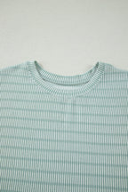Striped Raised Rib Loose Tee Drawstring Elastic Waist 2pcs Short Set
