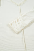 Beige Thermal Knit Lace Ruched Patchwork Long Sleeve V Neck Top