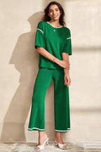 Contrast Trim Half Sleeve Top Drawstring Pants Loose 2pcs Sweater Suit
