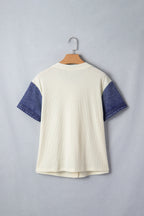 Beige Denim Patchwork Short Sleeve Ribbed Shirt