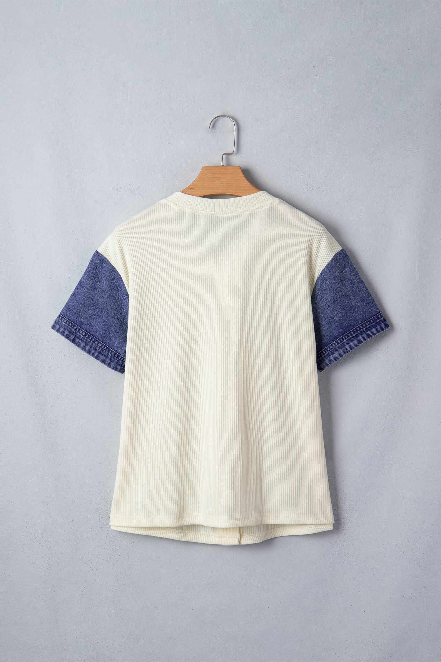 Beige Denim Patchwork Short Sleeve Ribbed Shirt