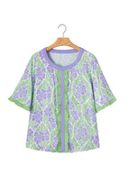 Purple Floral Print Ruffled Color Block Trim Half Sleeve Blouse