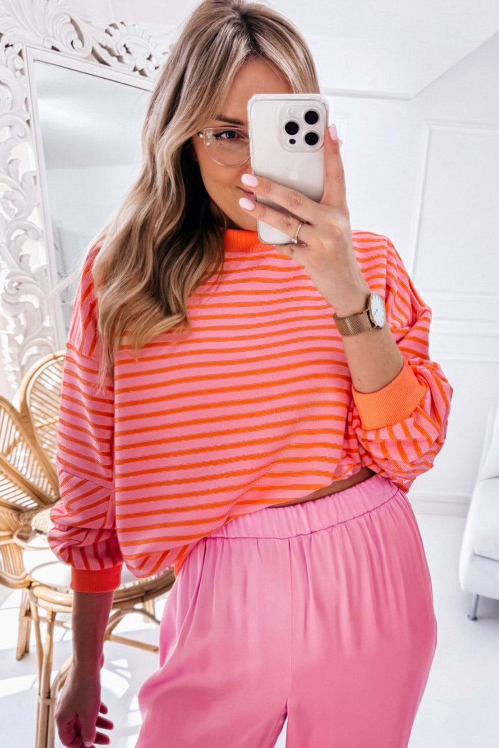 Striped Drop Shoulder Crew Neck Loose Sweatshirt