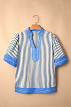 Sky Blue Stripe Color Block Detail V Neck Short Sleeve Blouse