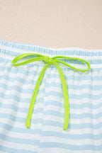 Striped Contrast Neck Loose Tee and Drawstring Shorts Set