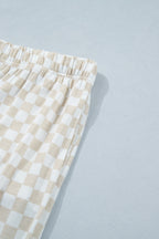 Khaki Plus Size Checkered Print Half Sleeve Tee Loose Pants Two-piece Lounge Set
