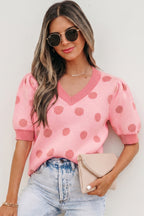 Polka Dot Puff Short Sleeve Sweater Top