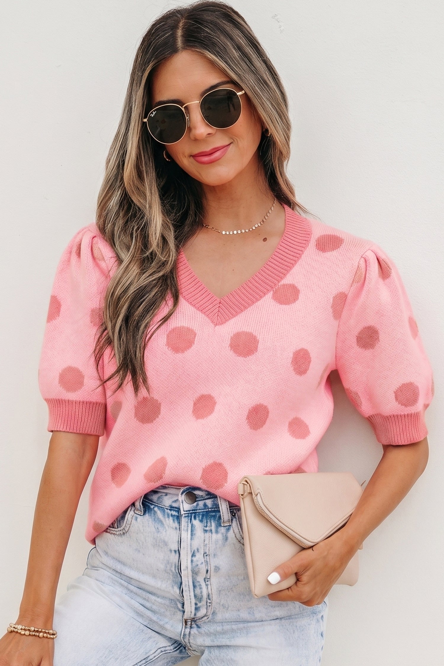 Polka Dot Puff Short Sleeve Sweater Top