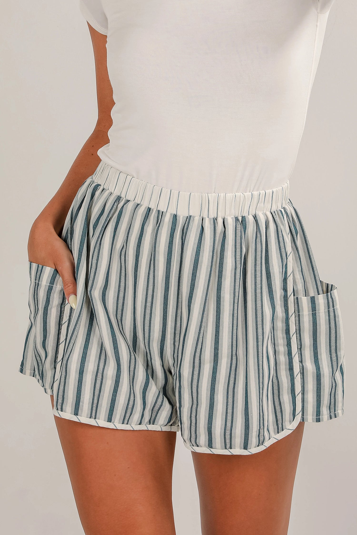 Grey Stripe Elastic Waist Cargo Pocket Casual Shorts