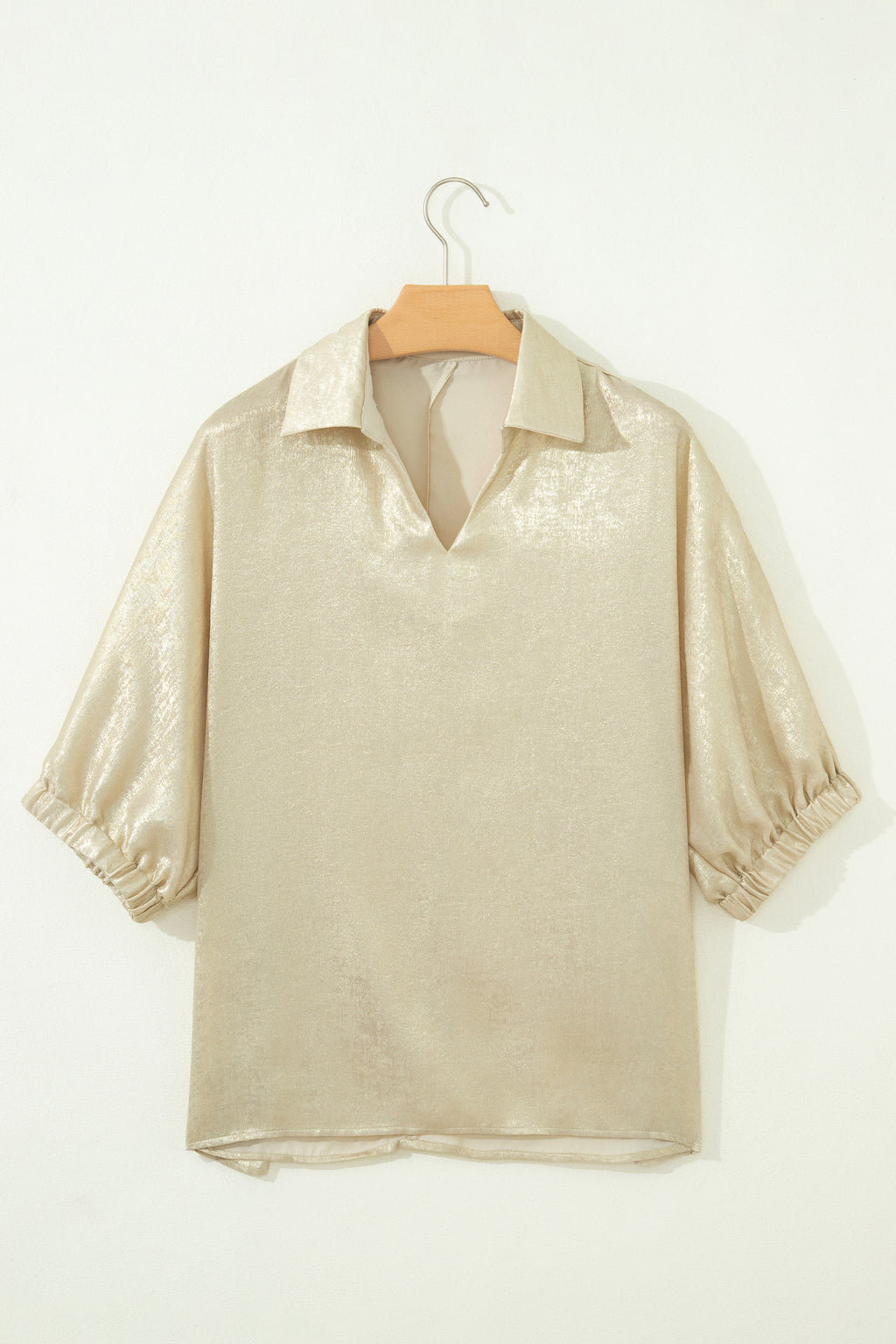 Collared V Neck Half Sleeve Metallic Top