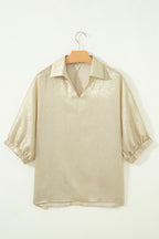 Collared V Neck Half Sleeve Metallic Top