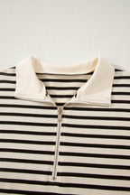 Black Stripe Ribbed Color Block Trim Zip Polo Tee Drawstring Shorts 2pcs Outfit