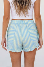 Striped Elastic Waist Ruffle Trim Casual Shorts