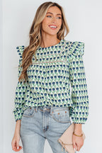 Green Floral Print Lace Detail Ruffle Trim Long Sleeve Blouse