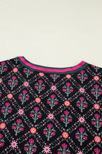 Black Contrast V Neckline Bracelet Sleeve Vintage Floral Blouse