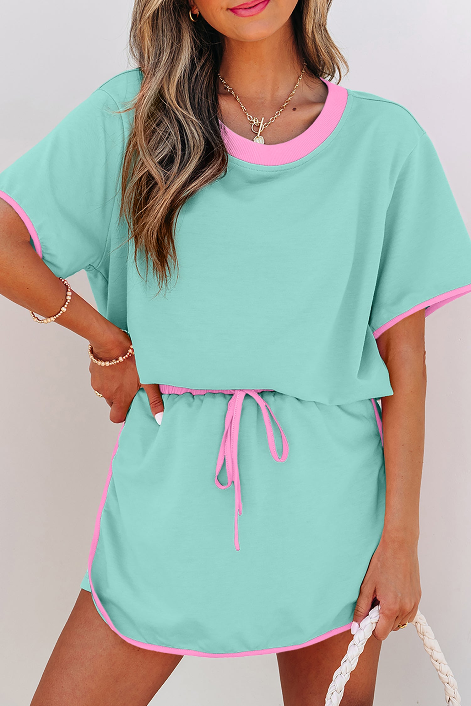Color Block Edge Drop Shoulder T Shirt and Skort 2Pcs Set