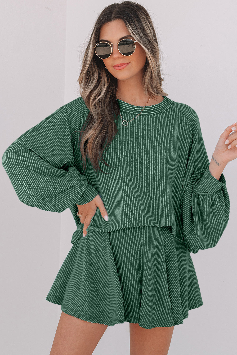 Corded Lantern Sleeve Top High Waist Ruffled Mini Skort Set