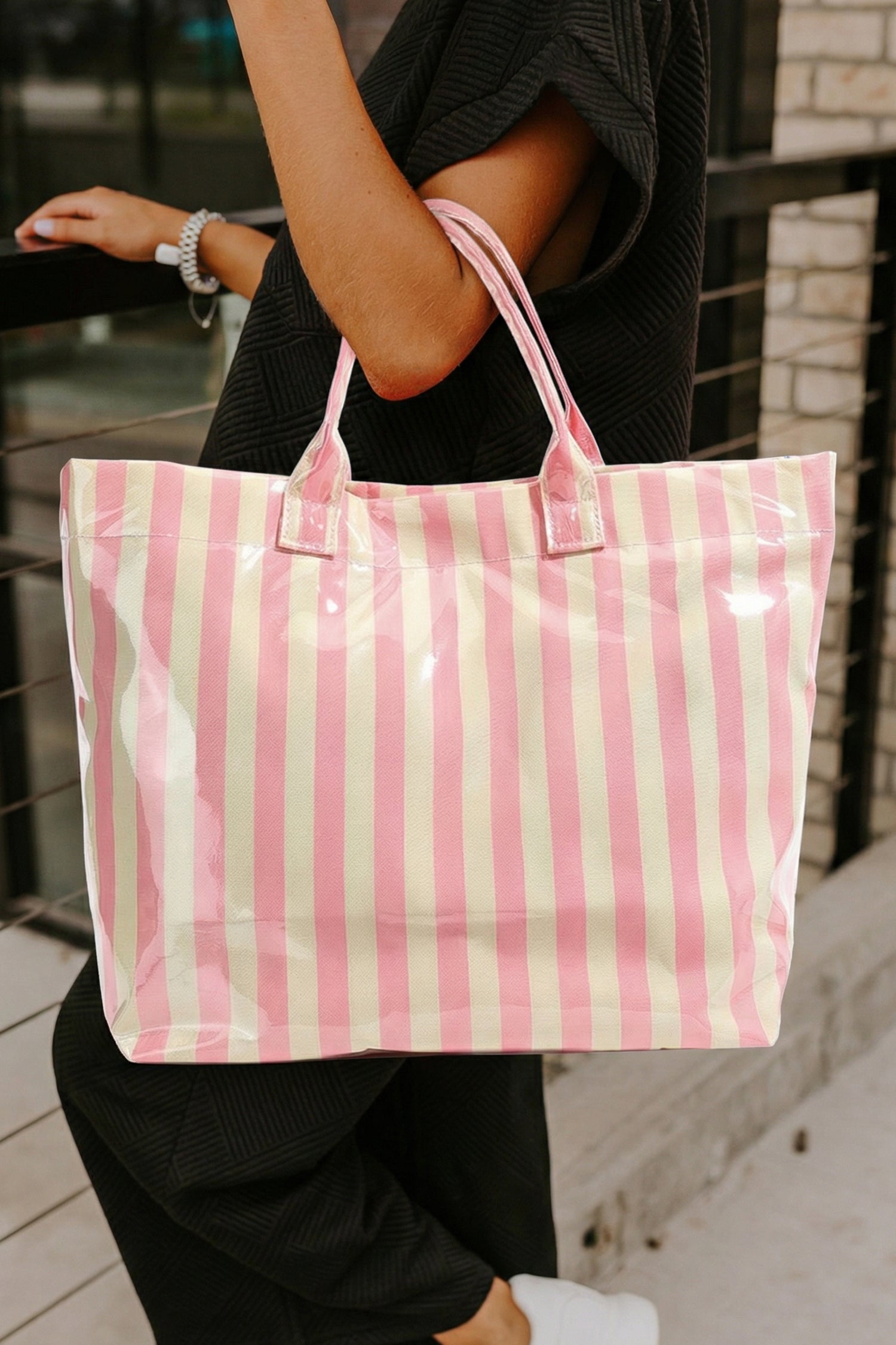 Glossy Striped Vinyl Large Tote Bag