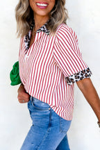 Red Stripe Leopard Contrast Trim Half Button Blouse