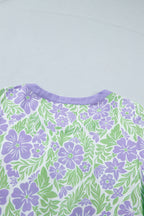 Purple Floral Print Ruffled Color Block Trim Half Sleeve Blouse
