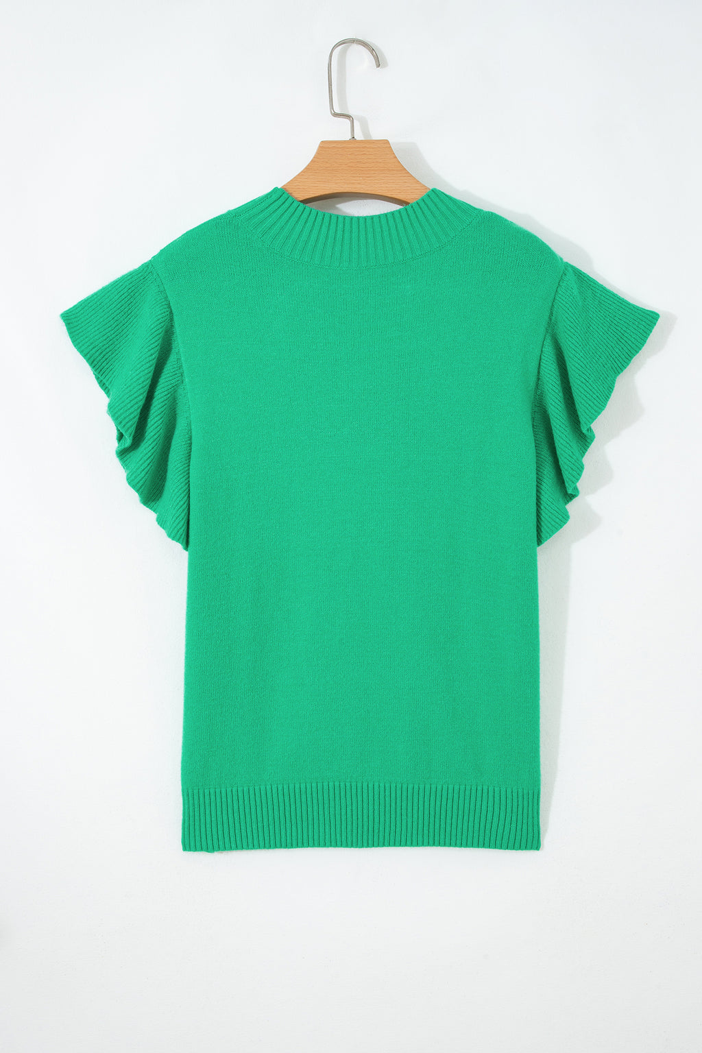 Solid Color Ribbed Trim Round Neck Ruffle Short Sleeve Sweater