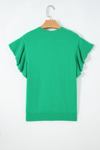 Solid Color Ribbed Trim Round Neck Ruffle Short Sleeve Sweater