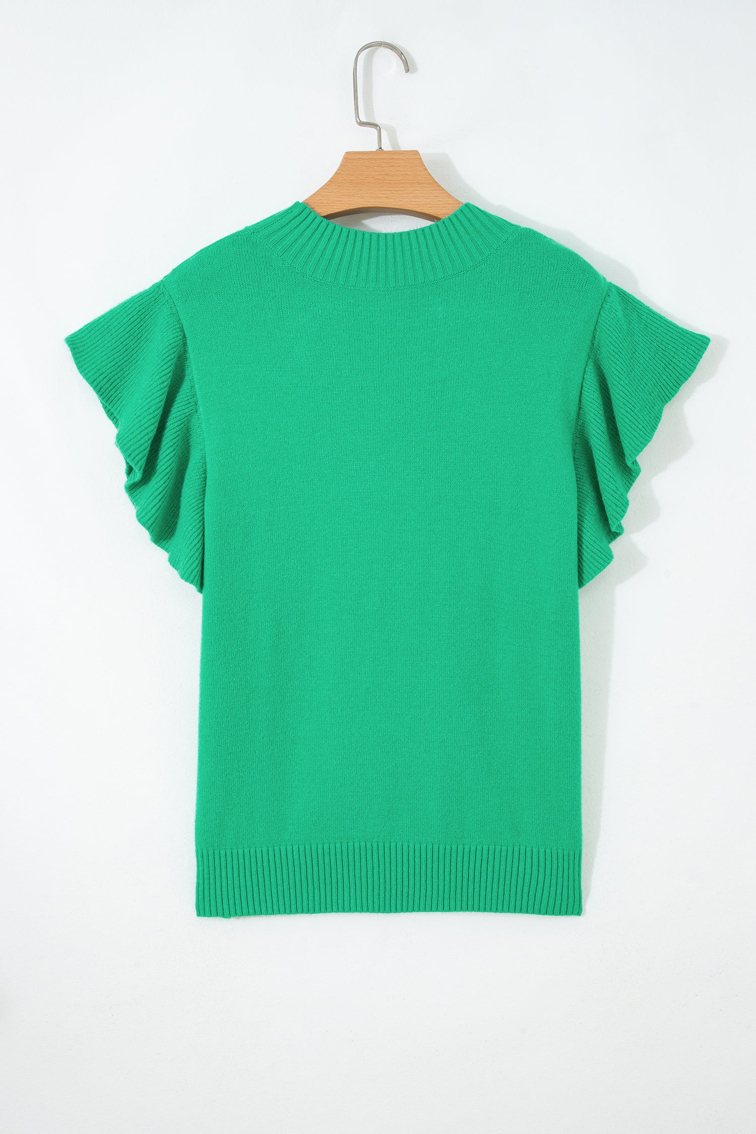 Solid Color Ribbed Trim Round Neck Ruffle Short Sleeve Sweater