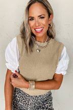 Light French Beige Round Neck Knit Contrast Short Sleeve Patchwork Sweater Top
