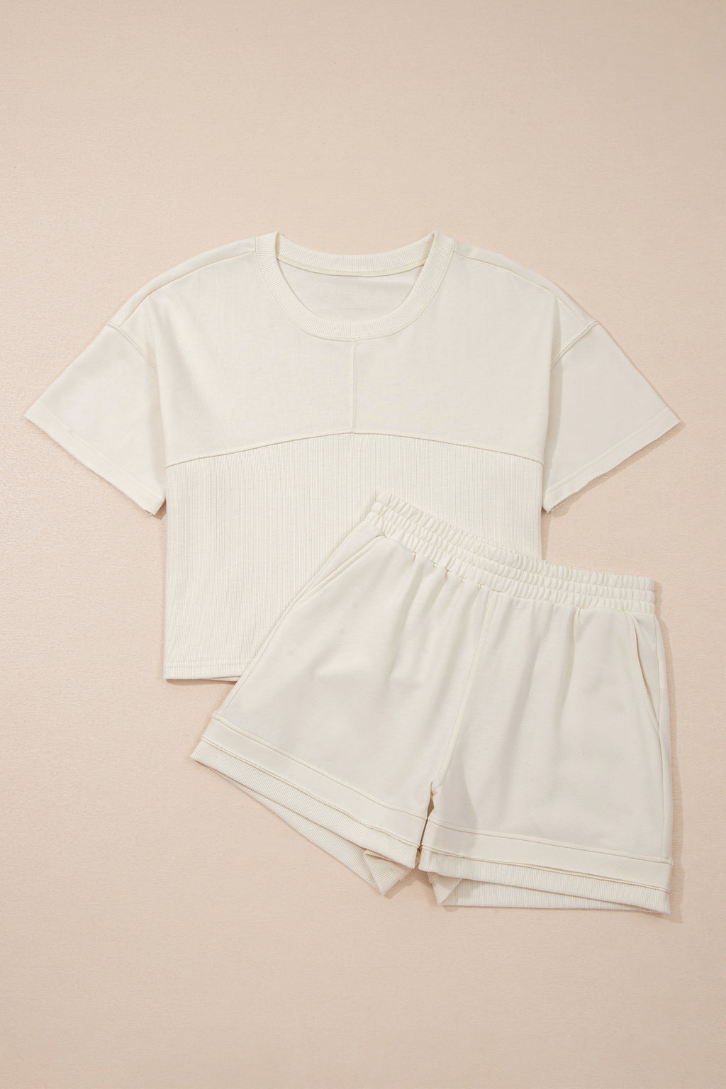 Solid Color Contrast Textured Patchwork Raw Edge 2pcs Short Set