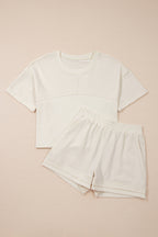 Solid Color Contrast Textured Patchwork Raw Edge 2pcs Short Set