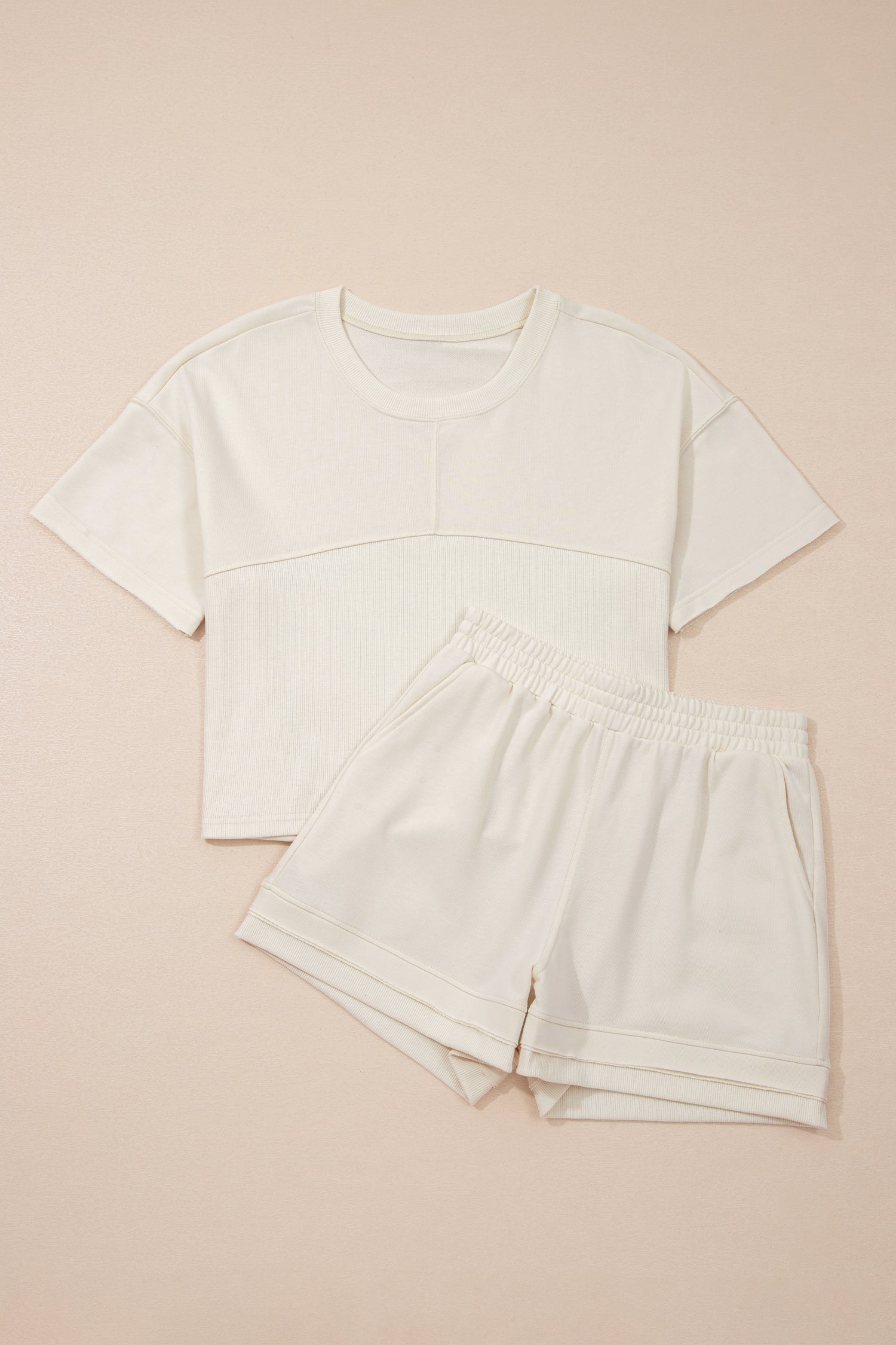 Solid Color Contrast Textured Patchwork Raw Edge 2pcs Short Set
