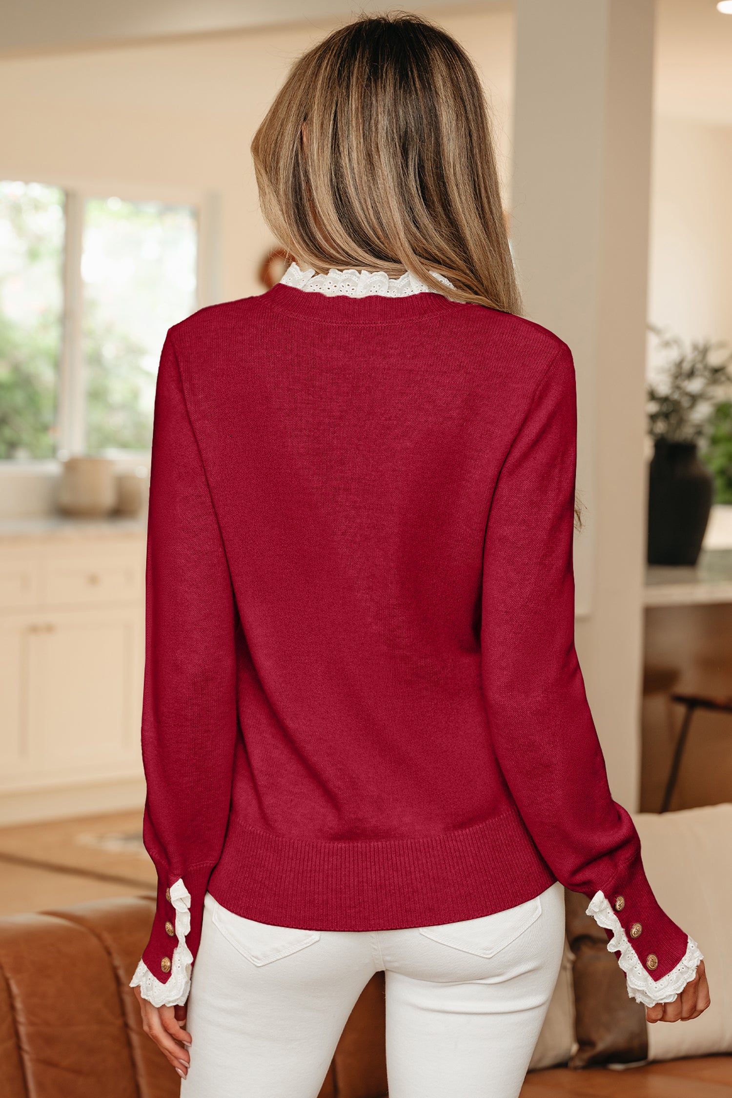 Lace Trim Patchwork Buttoned Cuffs Loose Sweater