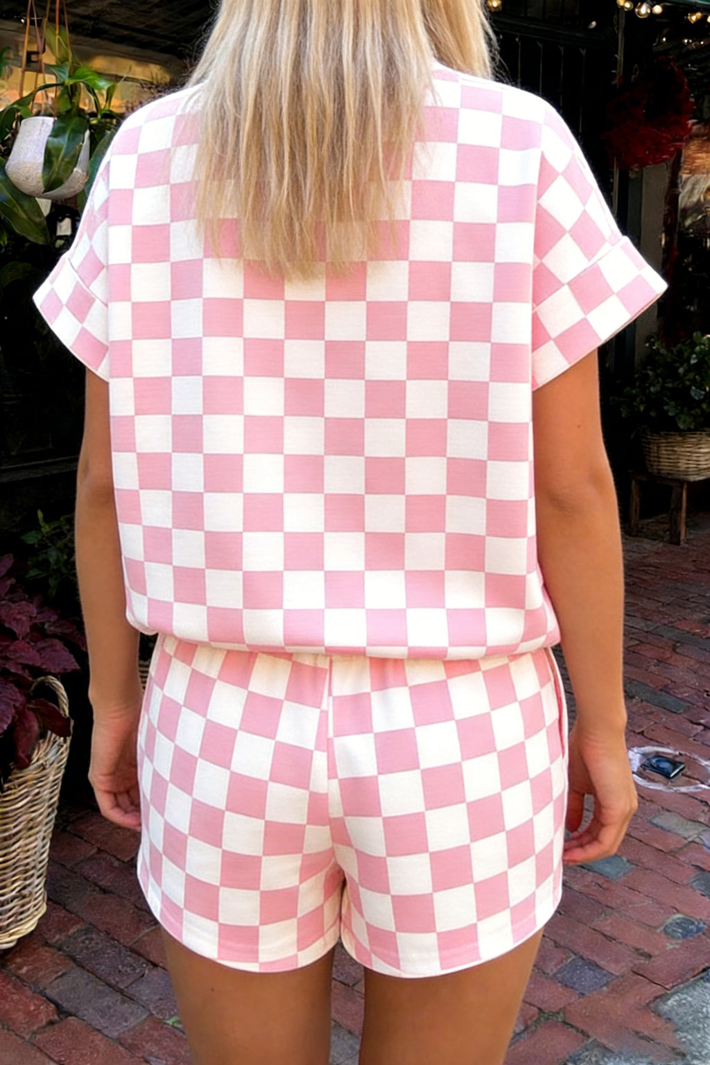 Checkered Print Colour Block Trim Mock Neck Short Set