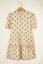 Apricot Striped Floral Print Contrast Detail Ruffle Hem Short Dress