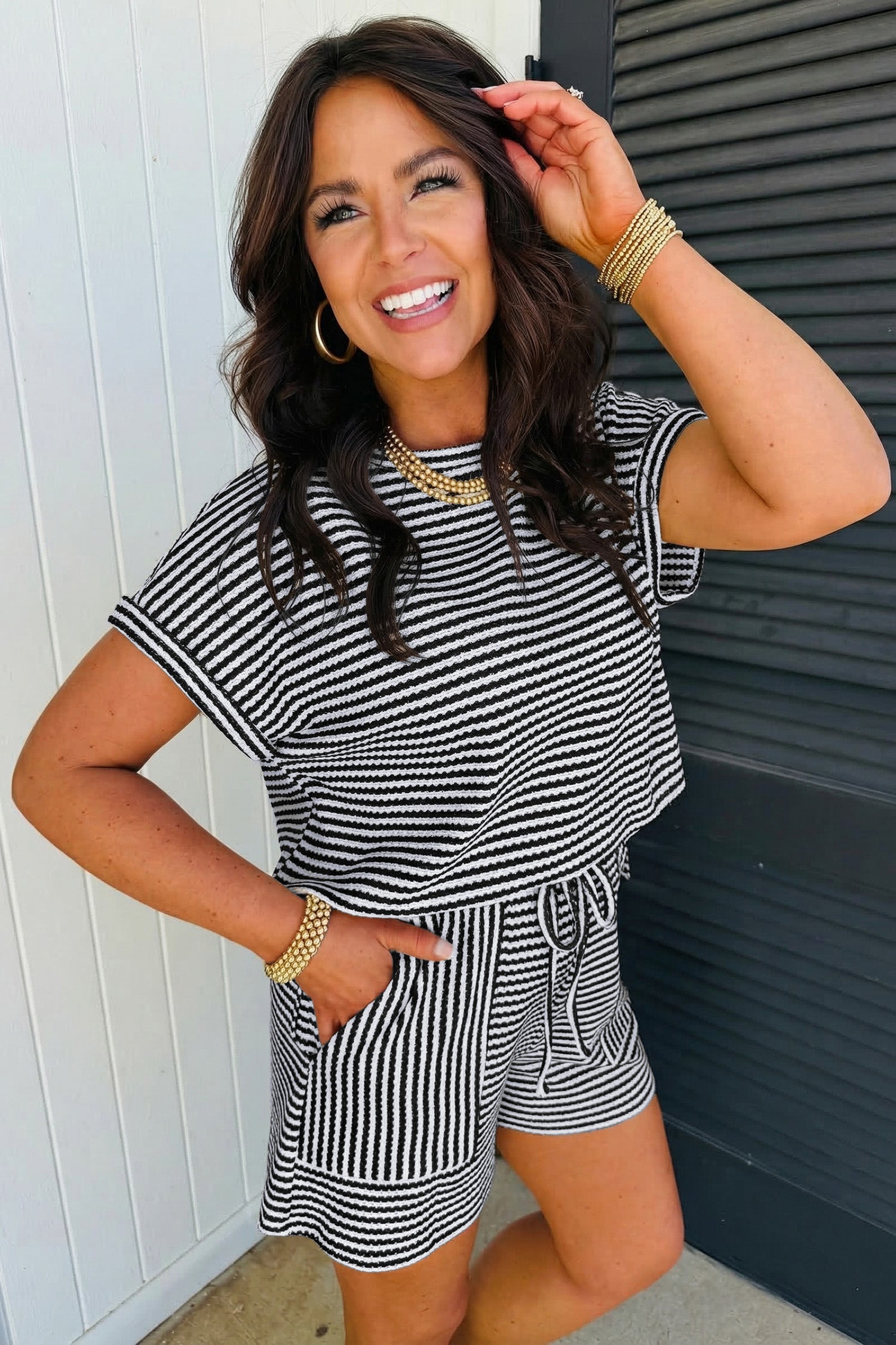 Striped Breathable Textured Knit Short 2pcs Set