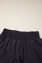 Black Solid Color Ribbed Patchwork High Waist Athletic Shorts