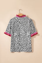 Gray Ruffled Trim V Neck Leopard Print Short Sleeve Blouse