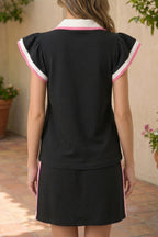 Preppy Striped Trim V Neck Polo Tee Drawstring Skirt Set
