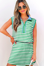 Textured Stripe Print Contrast Trim Zip Collar Sleeveless 2pcs Skort Set