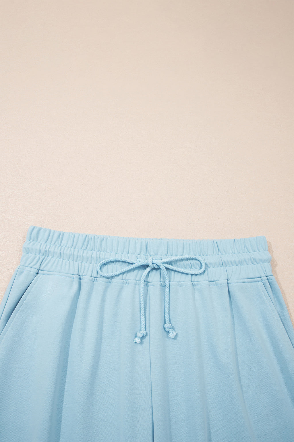 Solid Colour Ribbed Trim Short Sleeve Top Drawstring Loose Pants 2pcs Outfit