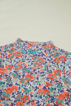 Blue Slim Fit Floral Mesh Long Sleeve Mock Neck Top