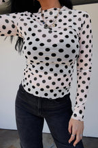 White Polka Dot Mesh Long Sleeve Stand Neck Sheath Top
