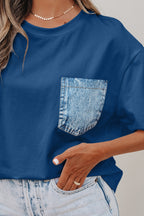 Color Block Chest Pocket Patched Casual Short Sleeve Top
